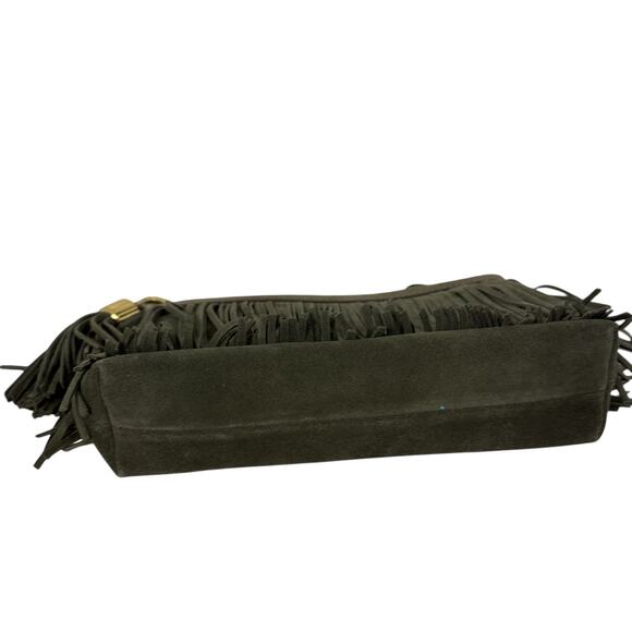 India Hicks Olive Green Suede Leather Western Style Fringed Clutch Purse - Picture 5 of 6